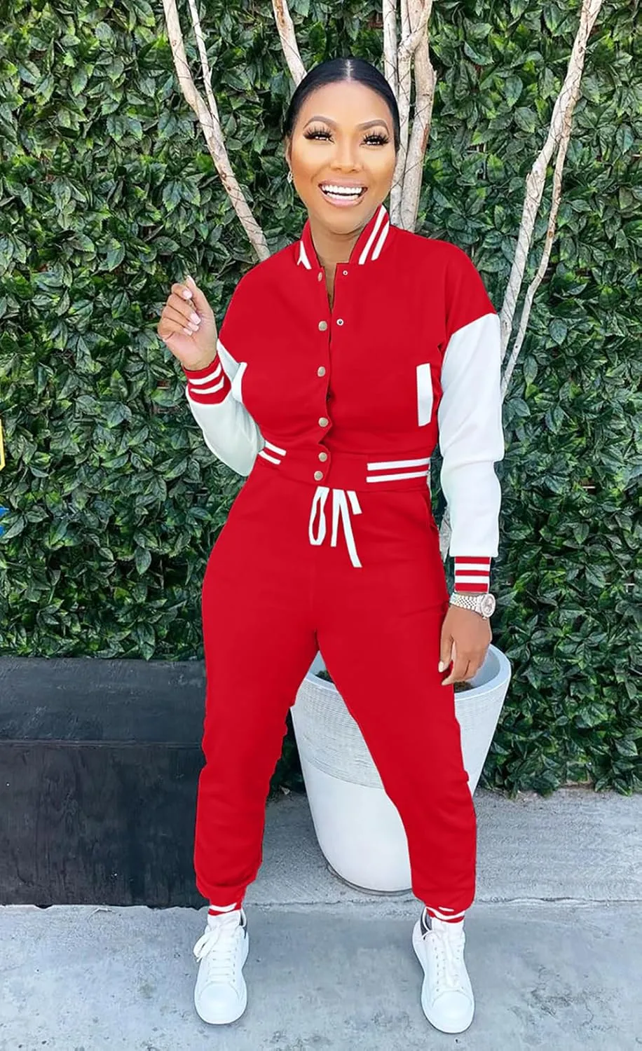 Womens Two Piece Tracksuit Button Down Cropped Varsity Jacket Pants Set Jogger Sweatsuit