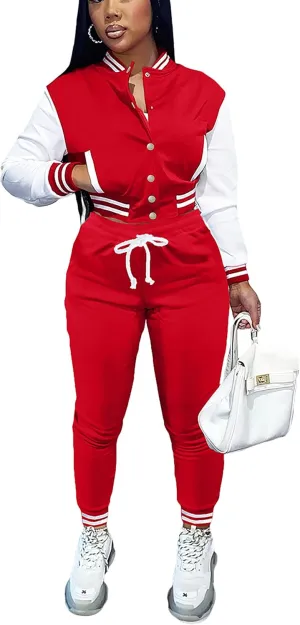 Womens Two Piece Tracksuit Button Down Cropped Varsity Jacket Pants Set Jogger Sweatsuit