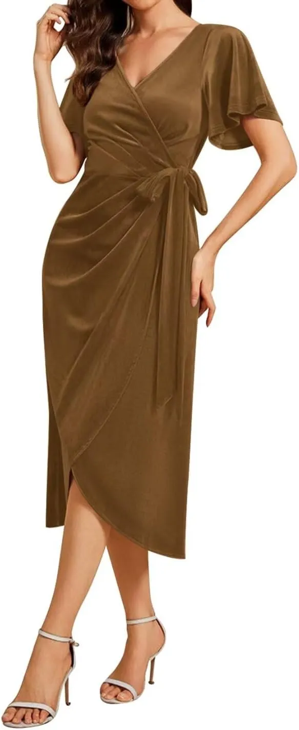 Women's Velvet Wrap Dress Formal V Neck Short Sleeves Elegant Midi Wedding Guest Cocktail Dresses