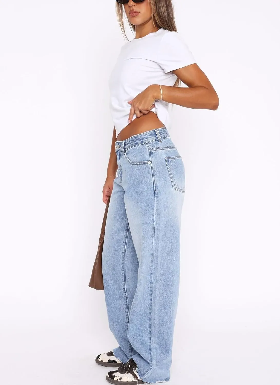 Women's Wide Straight Leg Jeans Mid Low Waist Baggy Frayed Raw Hem Loose Boyfriends Denim Pants Casual Trousers