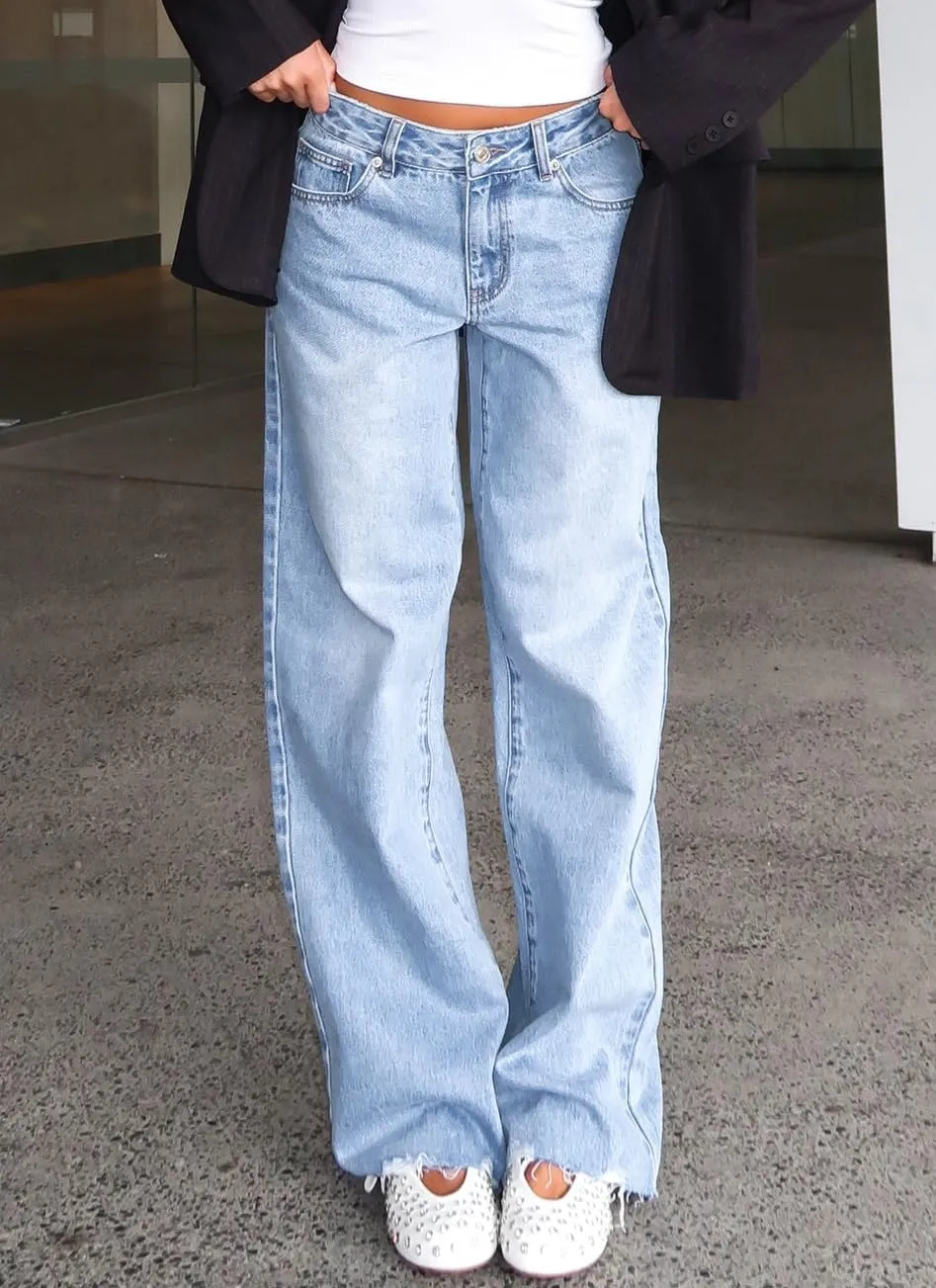 Women's Wide Straight Leg Jeans Mid Low Waist Baggy Frayed Raw Hem Loose Boyfriends Denim Pants Casual Trousers