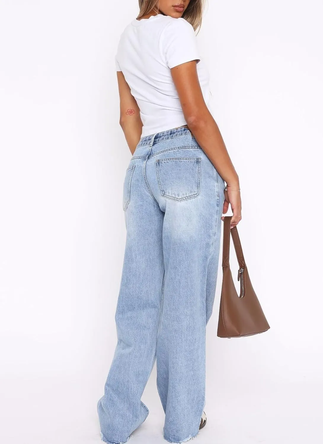 Women's Wide Straight Leg Jeans Mid Low Waist Baggy Frayed Raw Hem Loose Boyfriends Denim Pants Casual Trousers