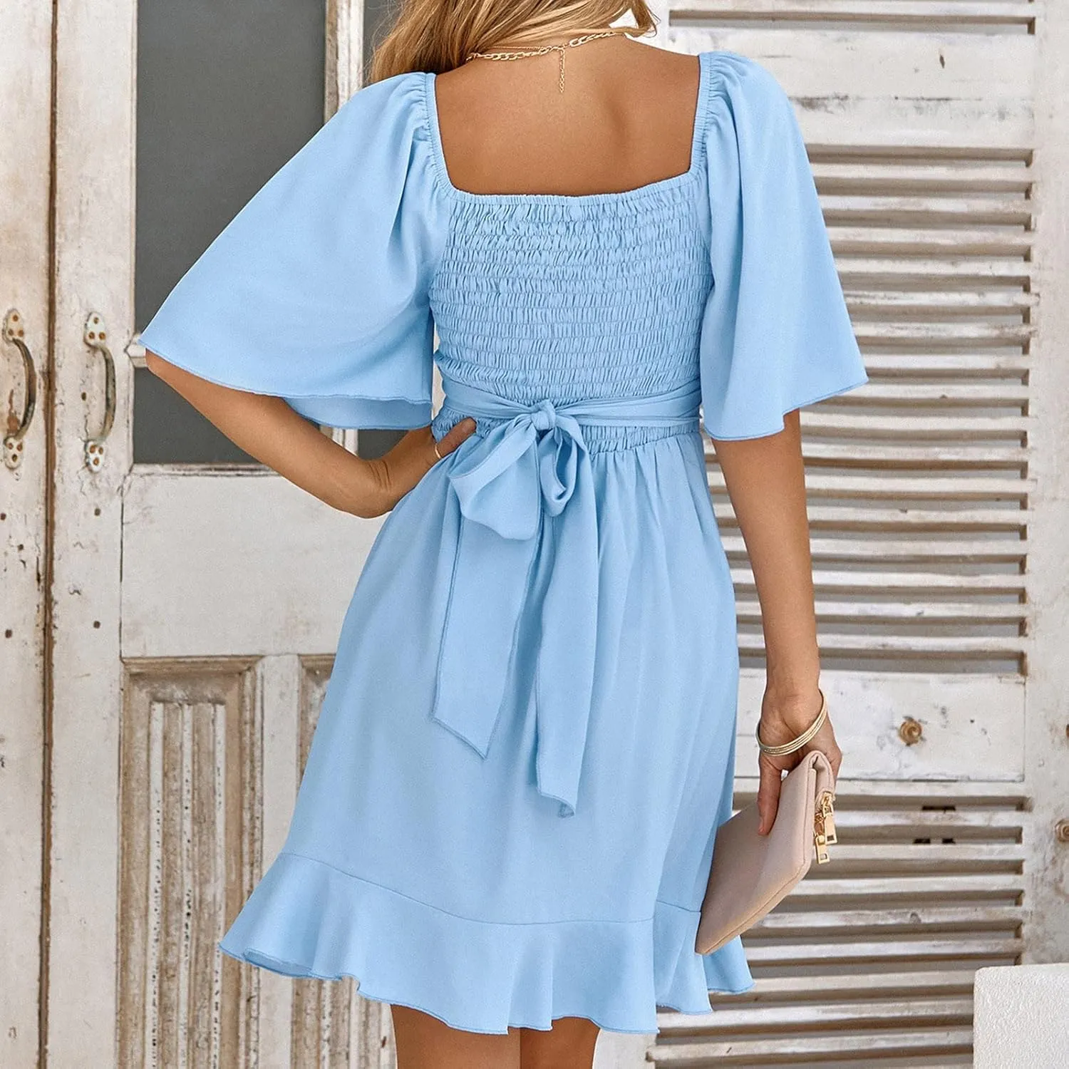 Women's Wrap V Neck Short Flared Sleeve Wedding Guest Dress Smocked Elastic Waist Tiered Belted Ruffle Hem Mini Dresses 2025
