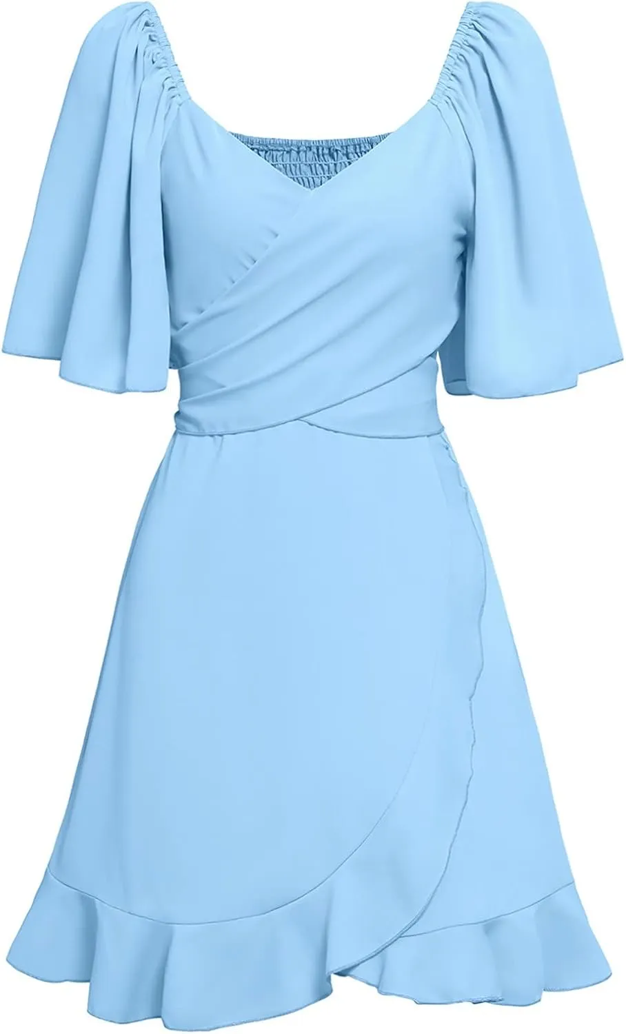 Women's Wrap V Neck Short Flared Sleeve Wedding Guest Dress Smocked Elastic Waist Tiered Belted Ruffle Hem Mini Dresses 2025
