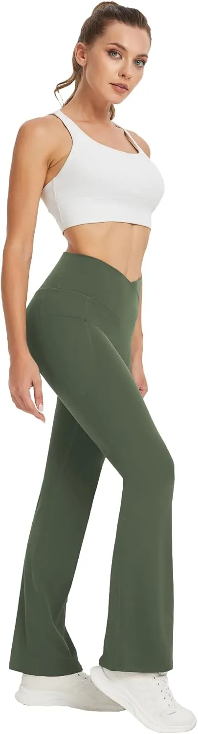Women's Yoga Pants with Pockets No Front Seam Crossover High Waisted Flare Leggings Tummy Control Bootcut Pants