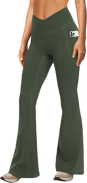 Women's Yoga Pants with Pockets No Front Seam Crossover High Waisted Flare Leggings Tummy Control Bootcut Pants