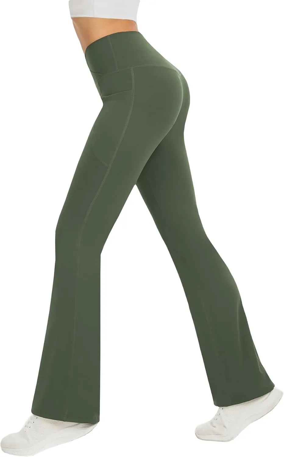 Women's Yoga Pants with Pockets No Front Seam Crossover High Waisted Flare Leggings Tummy Control Bootcut Pants