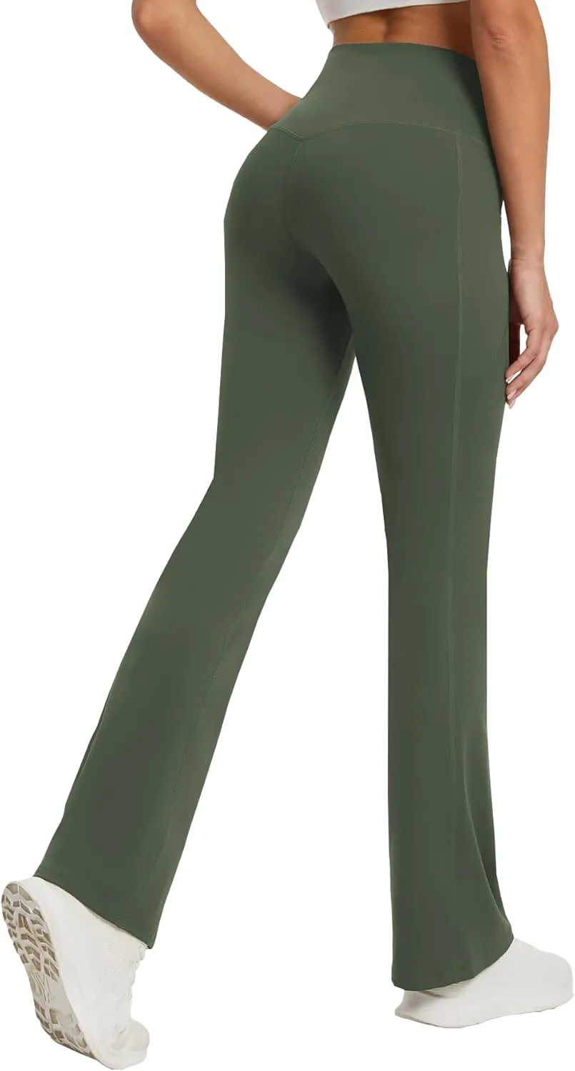 Women's Yoga Pants with Pockets No Front Seam Crossover High Waisted Flare Leggings Tummy Control Bootcut Pants