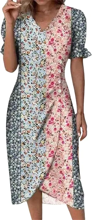 Wrap Dresses for Women 2025 Plus Size Floral Print Short Sleeve V Neck Midi Dress Summer Casual Elegant Sundresses