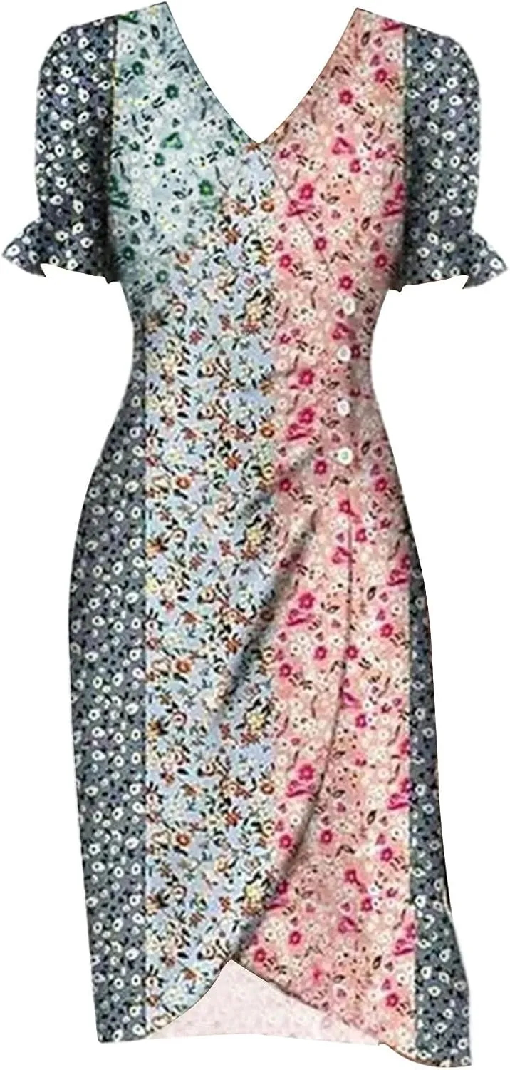 Wrap Dresses for Women 2025 Plus Size Floral Print Short Sleeve V Neck Midi Dress Summer Casual Elegant Sundresses