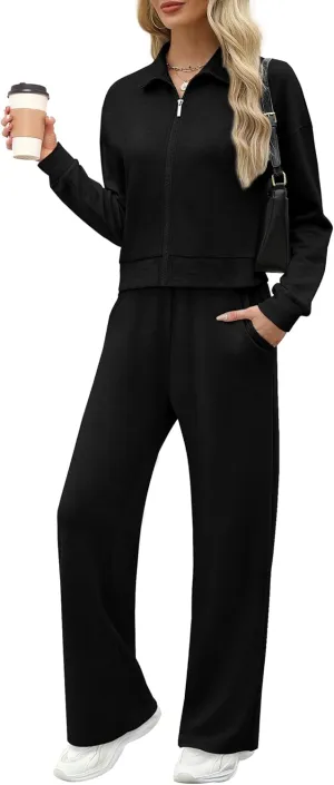 XIEERDUO Lounge Sets for Women 2025 Sweatsuit 2 Piece Outfits Sweatshirt Wide Leg Sweatpant Tracksuit Matching Set
