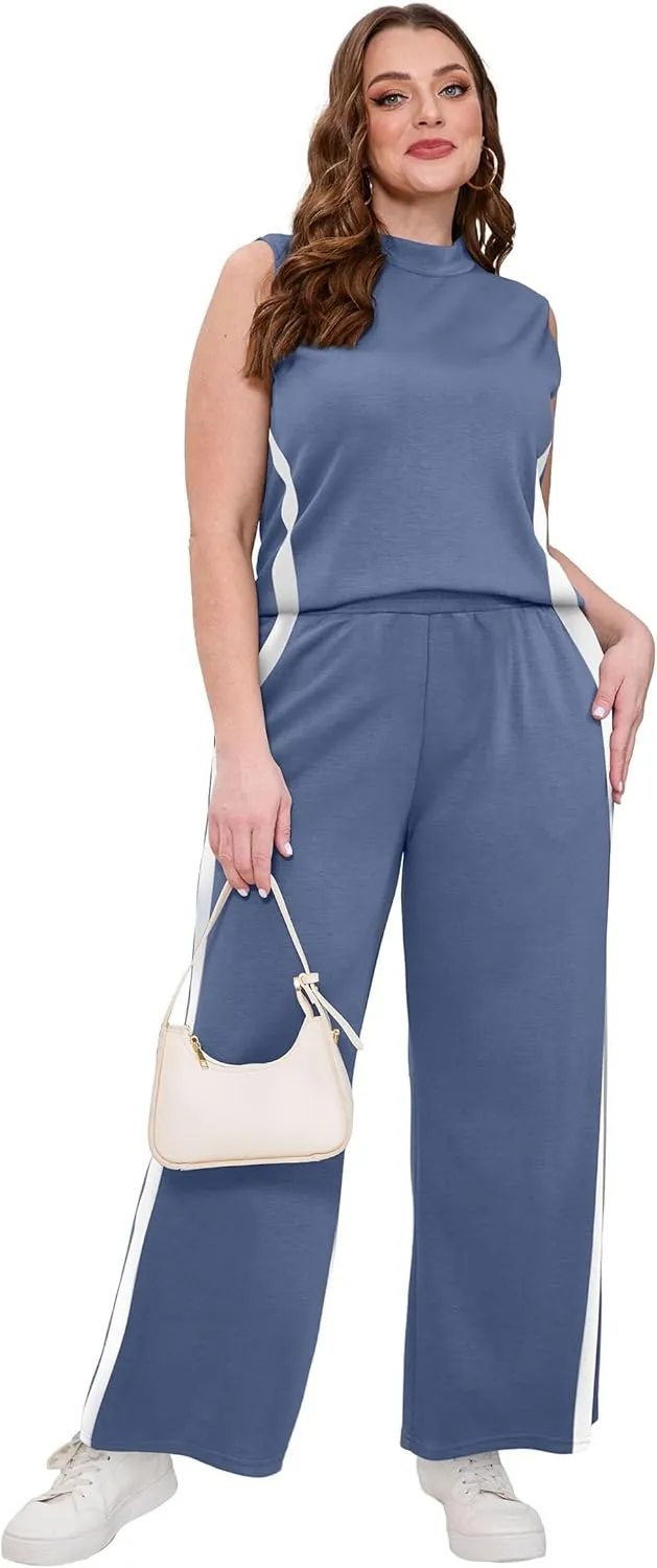 XIEERDUO Two Piece Sets for Women Summer Outfits Travel Mock Neck Lounge Sets Wide Leg Pants Beach Vacation Clothes