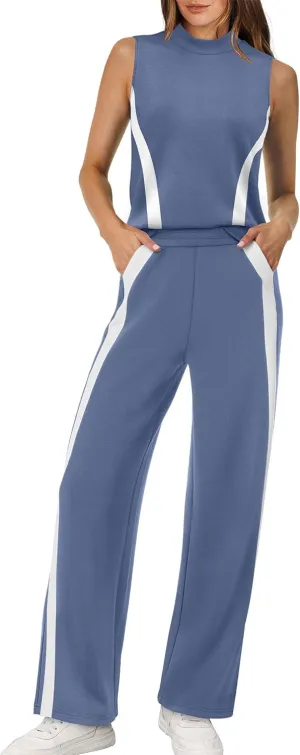 XIEERDUO Two Piece Sets for Women Summer Outfits Travel Mock Neck Lounge Sets Wide Leg Pants Beach Vacation Clothes