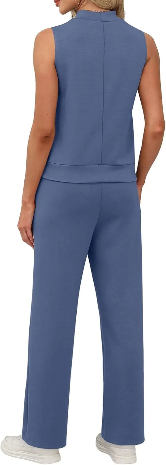 XIEERDUO Two Piece Sets for Women Summer Outfits Travel Mock Neck Lounge Sets Wide Leg Pants Beach Vacation Clothes