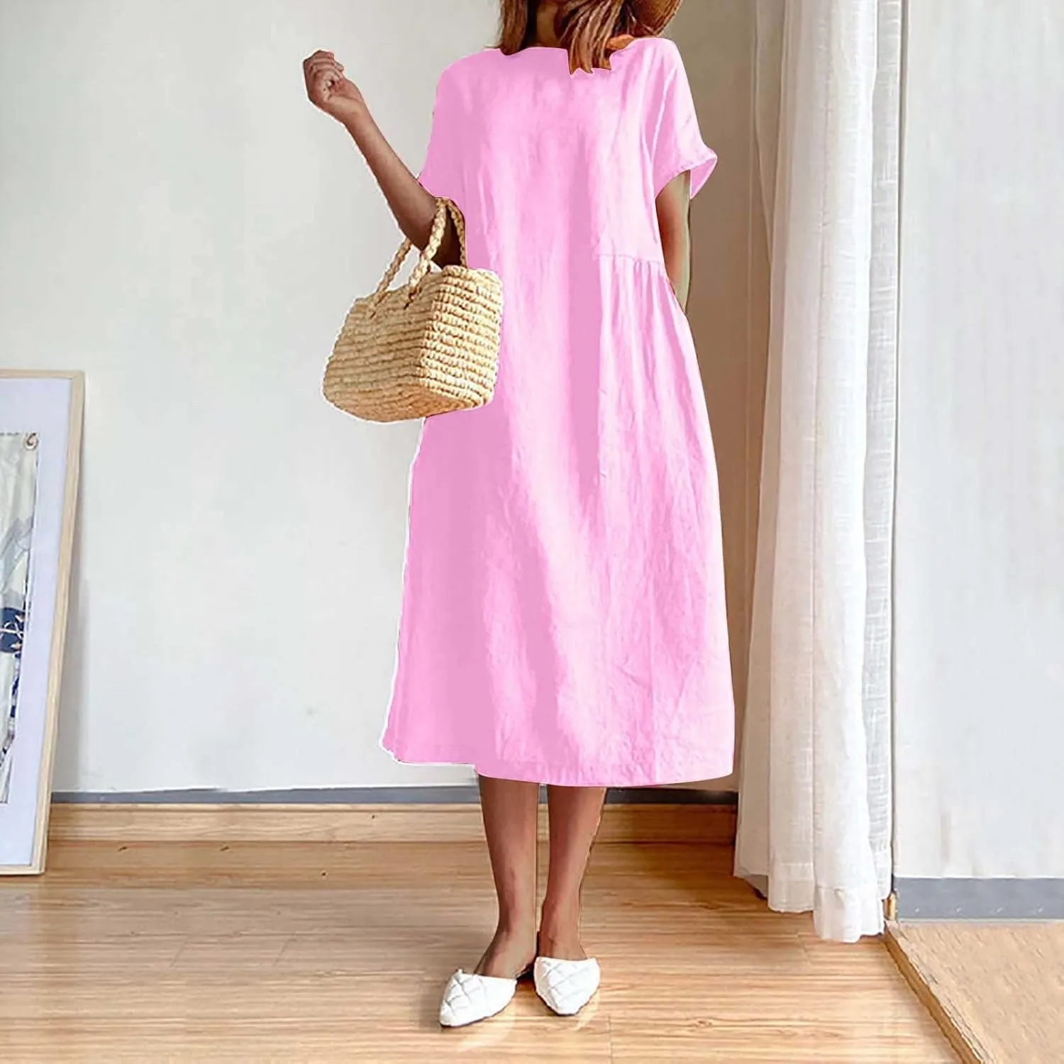 XUNRYAN Women Casual Loose Linen Cotton Dress Short Sleeve Crew Neck Solid Basic Midi Dresses Flowy A-Line Lounge Dresses