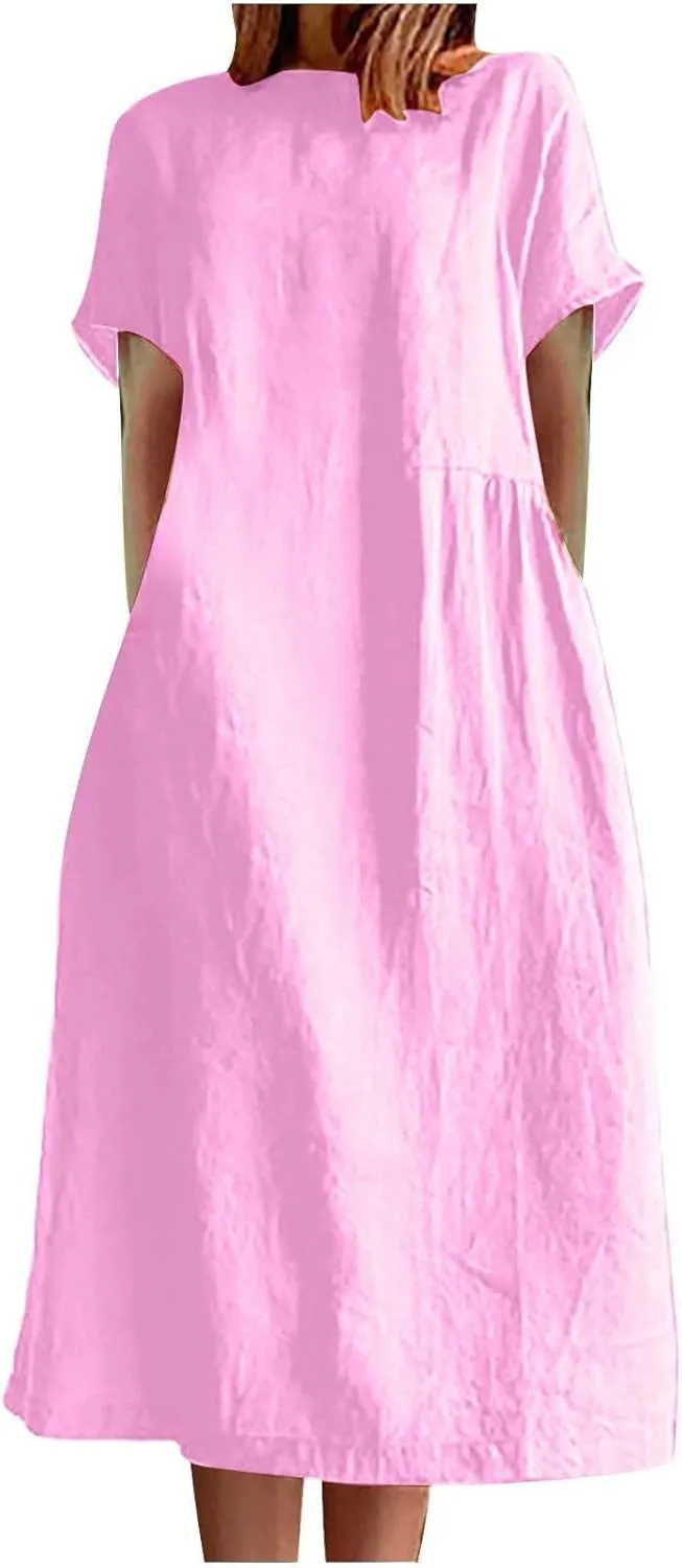 XUNRYAN Women Casual Loose Linen Cotton Dress Short Sleeve Crew Neck Solid Basic Midi Dresses Flowy A-Line Lounge Dresses