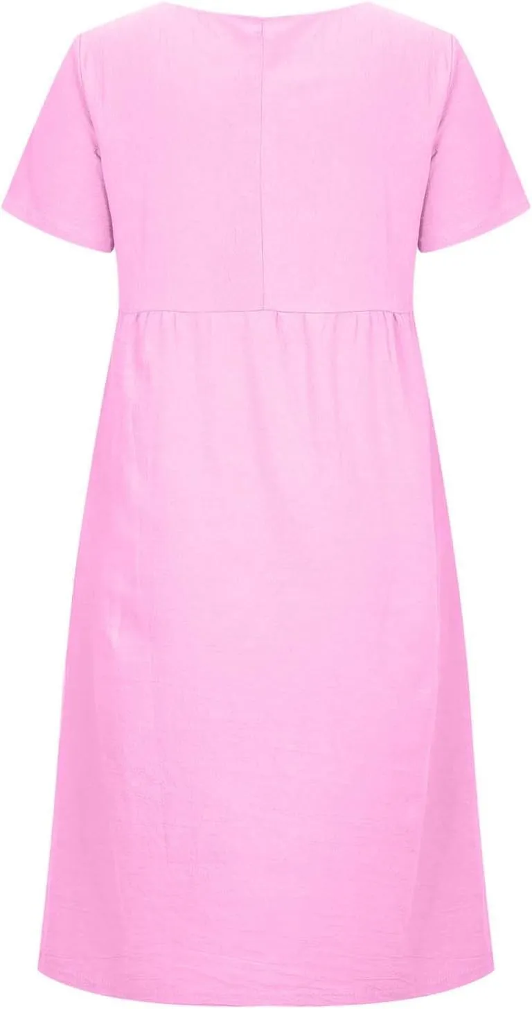 XUNRYAN Women Casual Loose Linen Cotton Dress Short Sleeve Crew Neck Solid Basic Midi Dresses Flowy A-Line Lounge Dresses