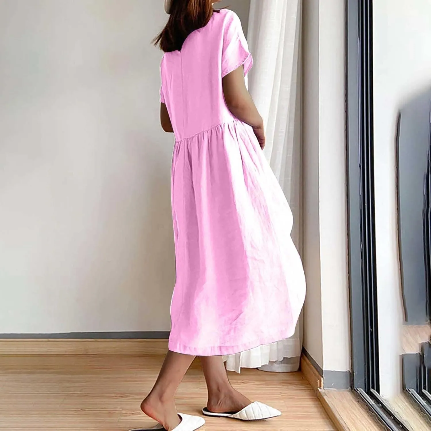 XUNRYAN Women Casual Loose Linen Cotton Dress Short Sleeve Crew Neck Solid Basic Midi Dresses Flowy A-Line Lounge Dresses