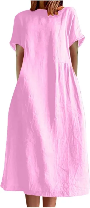 XUNRYAN Women Casual Loose Linen Cotton Dress Short Sleeve Crew Neck Solid Basic Midi Dresses Flowy A-Line Lounge Dresses