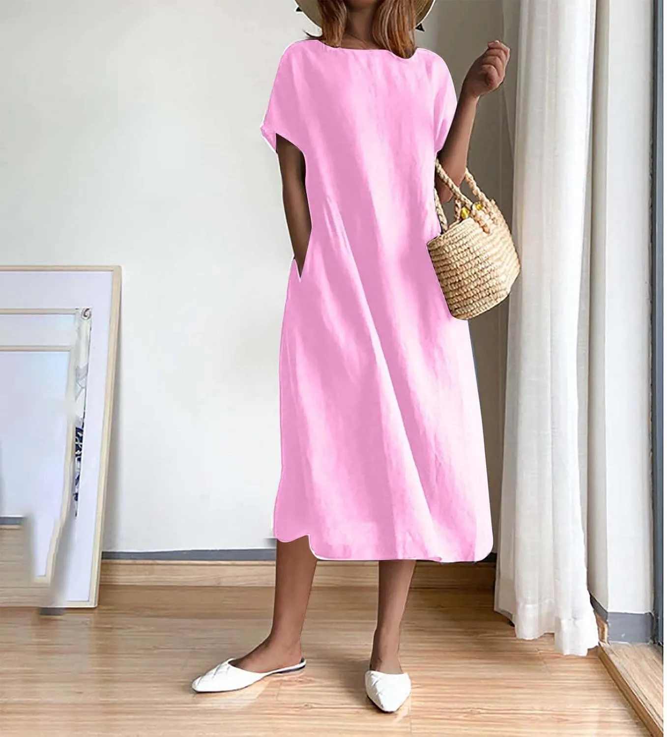 XUNRYAN Women Casual Loose Linen Cotton Dress Short Sleeve Crew Neck Solid Basic Midi Dresses Flowy A-Line Lounge Dresses