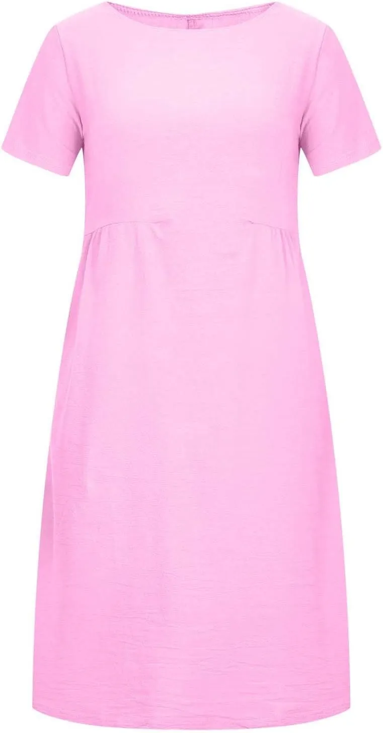 XUNRYAN Women Casual Loose Linen Cotton Dress Short Sleeve Crew Neck Solid Basic Midi Dresses Flowy A-Line Lounge Dresses