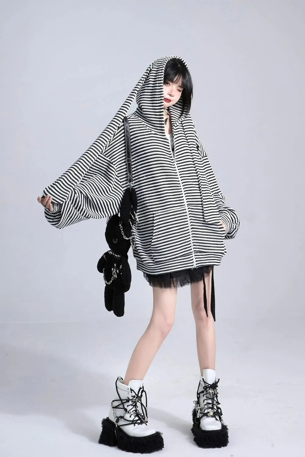 YEMOCILE Womens Kawaii Bunny Ear Oversized Hoodie Zip Up Long Sleeve Rabbit Hooded Sweatshirt