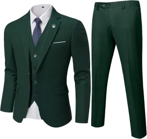 YND Men's Slim Fit 3 Pieces Suit, One Button Solid Jacket Pants Set with Tie for Wedding Party Business Prom