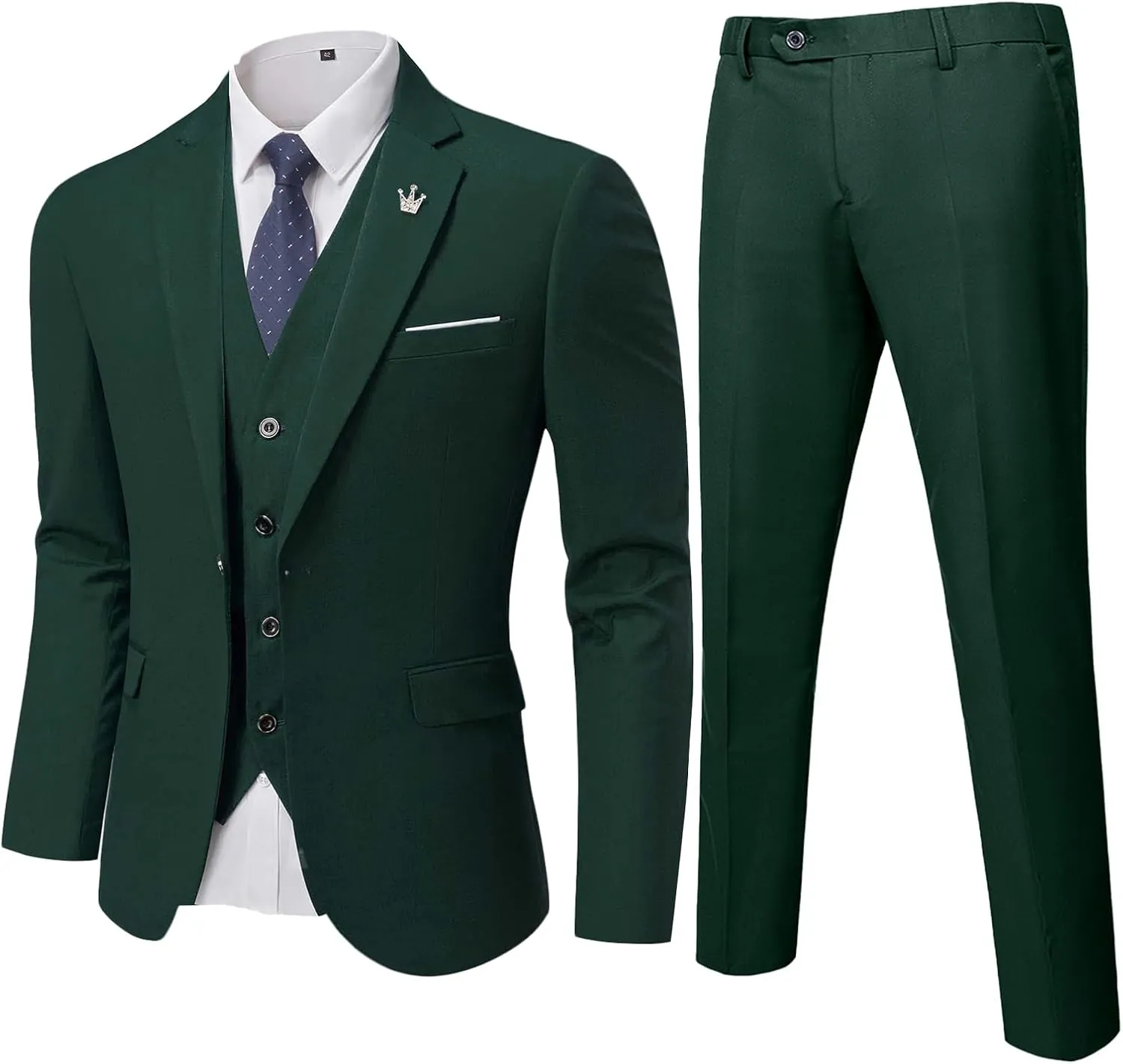 YND Men's Slim Fit 3 Pieces Suit, One Button Solid Jacket Pants Set with Tie for Wedding Party Business Prom
