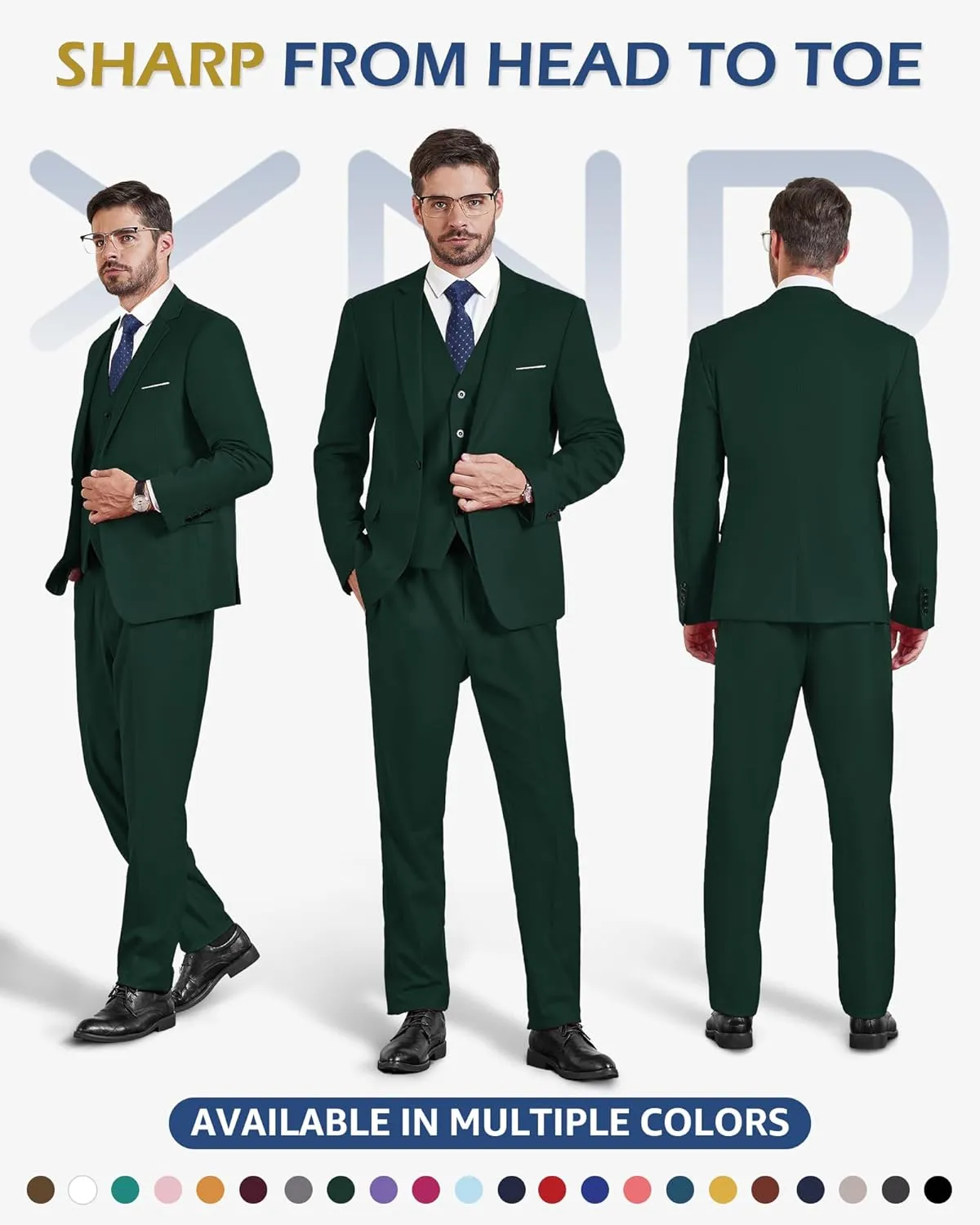 YND Men's Slim Fit 3 Pieces Suit, One Button Solid Jacket Pants Set with Tie for Wedding Party Business Prom
