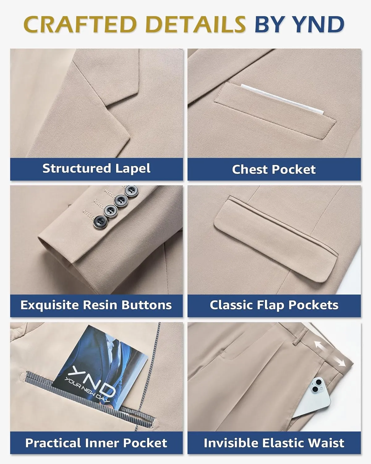 YND Men's Slim Fit 3 Pieces Suit, One Button Solid Jacket Pants Set with Tie for Wedding Party Business Prom