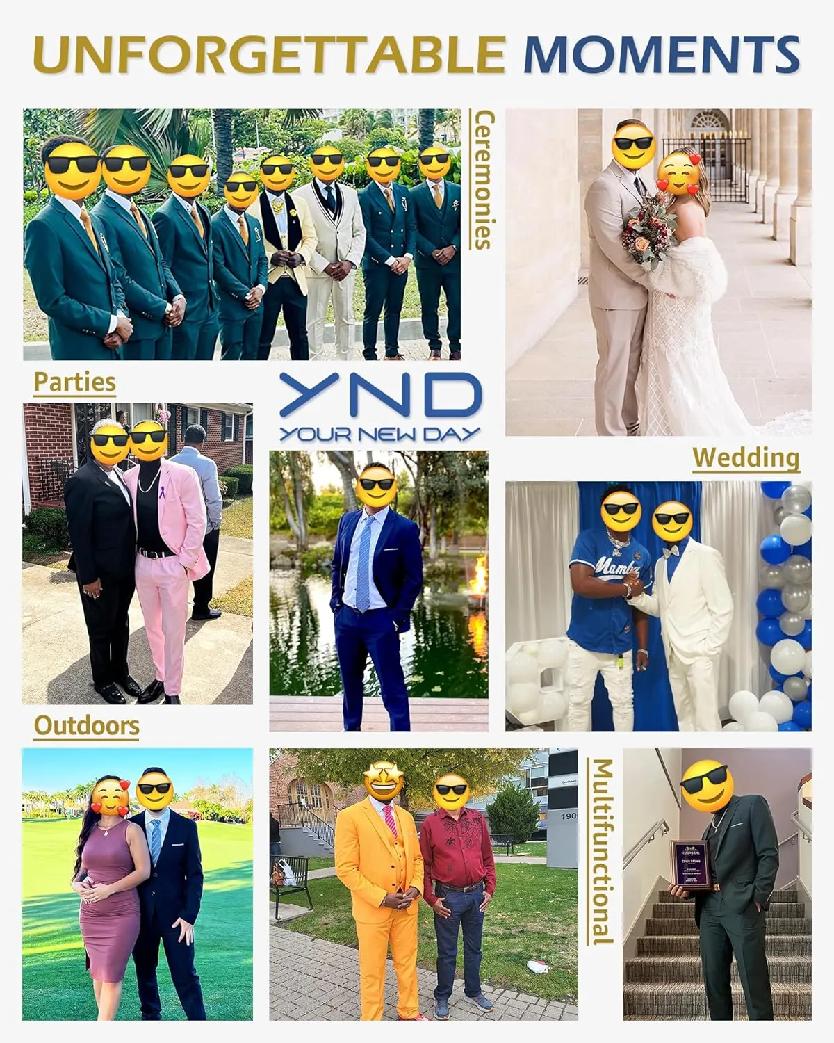 YND Men's Slim Fit 3 Pieces Suit, One Button Solid Jacket Pants Set with Tie for Wedding Party Business Prom