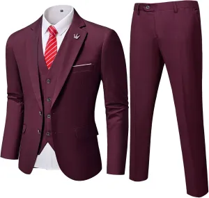 YND Men's Slim Fit 3 Pieces Suit, Two Buttons Blazer Set, Jacket Vest and Pants for Wedding Party Business Prom