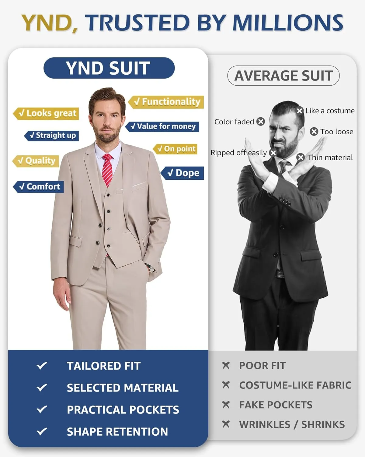 YND Men's Slim Fit 3 Pieces Suit, Two Buttons Blazer Set, Jacket Vest and Pants for Wedding Party Business Prom