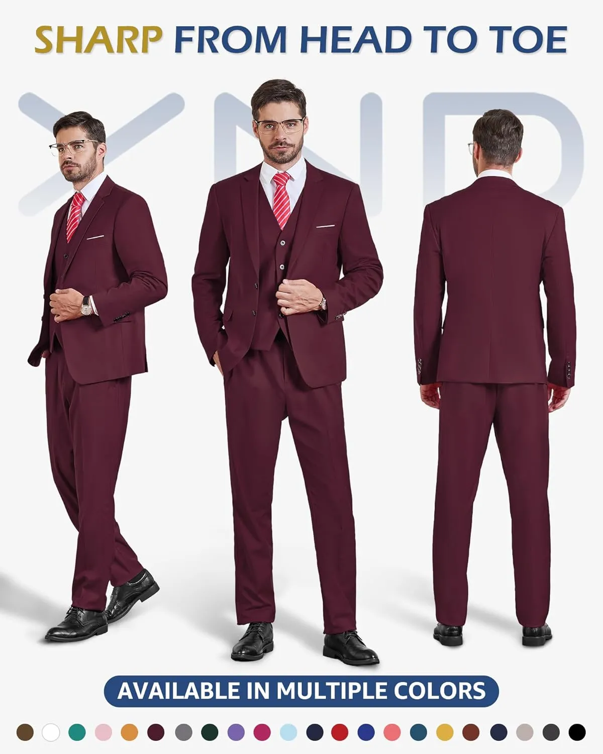 YND Men's Slim Fit 3 Pieces Suit, Two Buttons Blazer Set, Jacket Vest and Pants for Wedding Party Business Prom