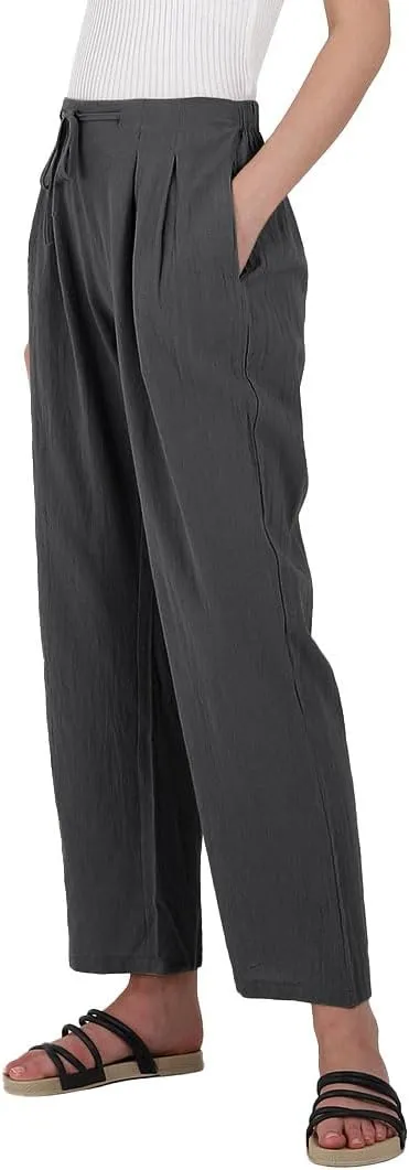 yoeasy Women Cotton Linen Drawstring Elastic Waist Straight Leg Pants Lightweight Trousers with Pocket