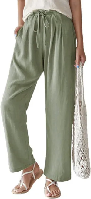yoeasy Women Cotton Linen Drawstring Elastic Waist Straight Leg Pants Lightweight Trousers with Pocket