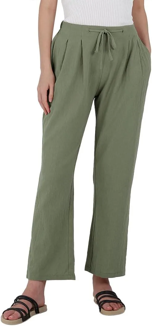 yoeasy Women Cotton Linen Drawstring Elastic Waist Straight Leg Pants Lightweight Trousers with Pocket