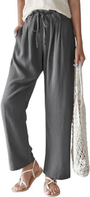 yoeasy Women Cotton Linen Drawstring Elastic Waist Straight Leg Pants Lightweight Trousers with Pocket