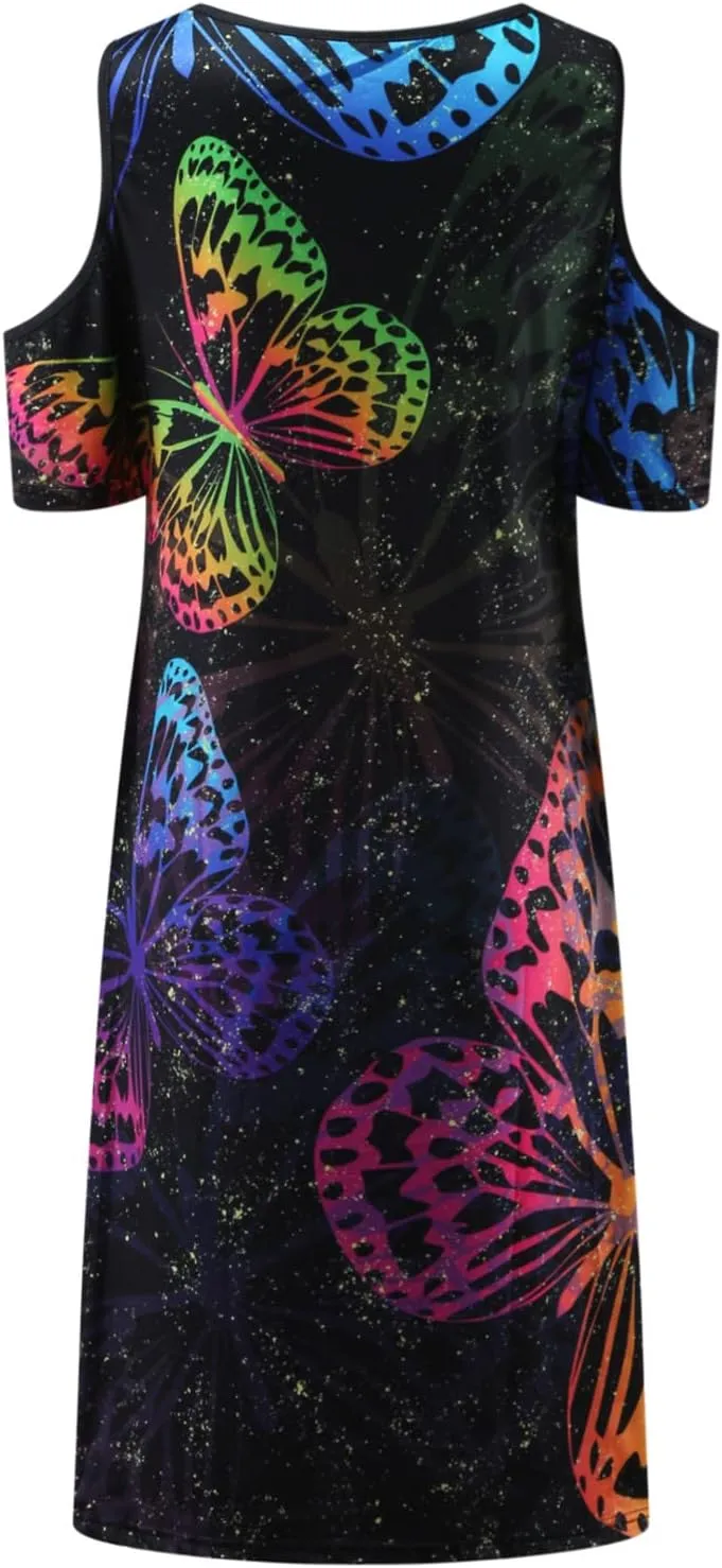 YOMXL Midi Dress for Women, Mexican Ethnic Style Embroidered Tunic Dresses Vintage Off Shoulder V-Neck Beach Dress