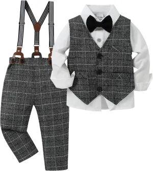 YUEMION Toddler Baby Boy Clothes Suits Gentleman Dress Shirt Bowtie Vest Suspender Pants Boy Formal Wedding Outfits Set 1-5T