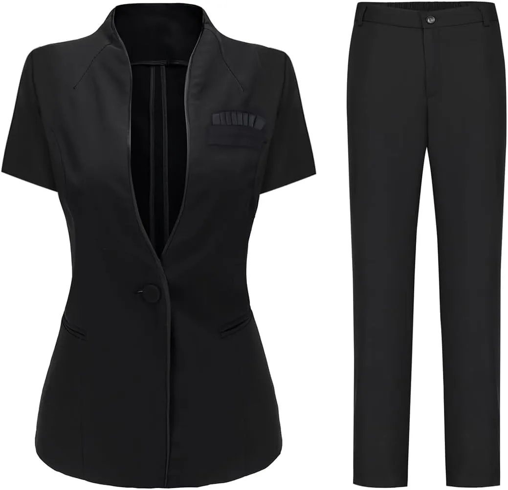 YUNCLOS Women's 2 Piece Business Office Suit Set One Button Short Sleeve Blazer Jacket and Suit Pants