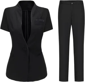 YUNCLOS Women's 2 Piece Business Office Suit Set One Button Short Sleeve Blazer Jacket and Suit Pants