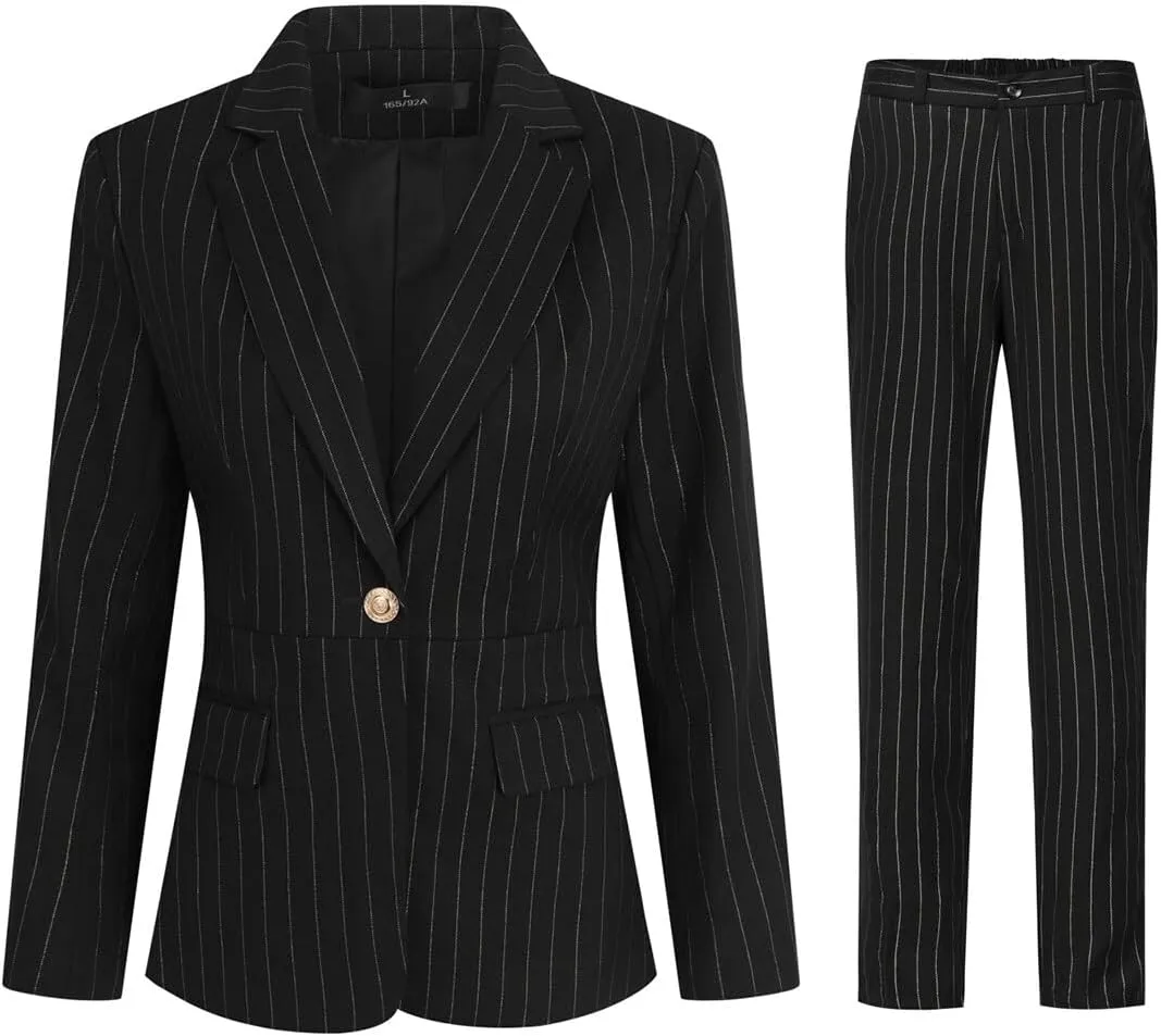 YYNUDA Women's Business Striped Suit Set 2 Piece Office Work Business Suits Blazer and Pant
