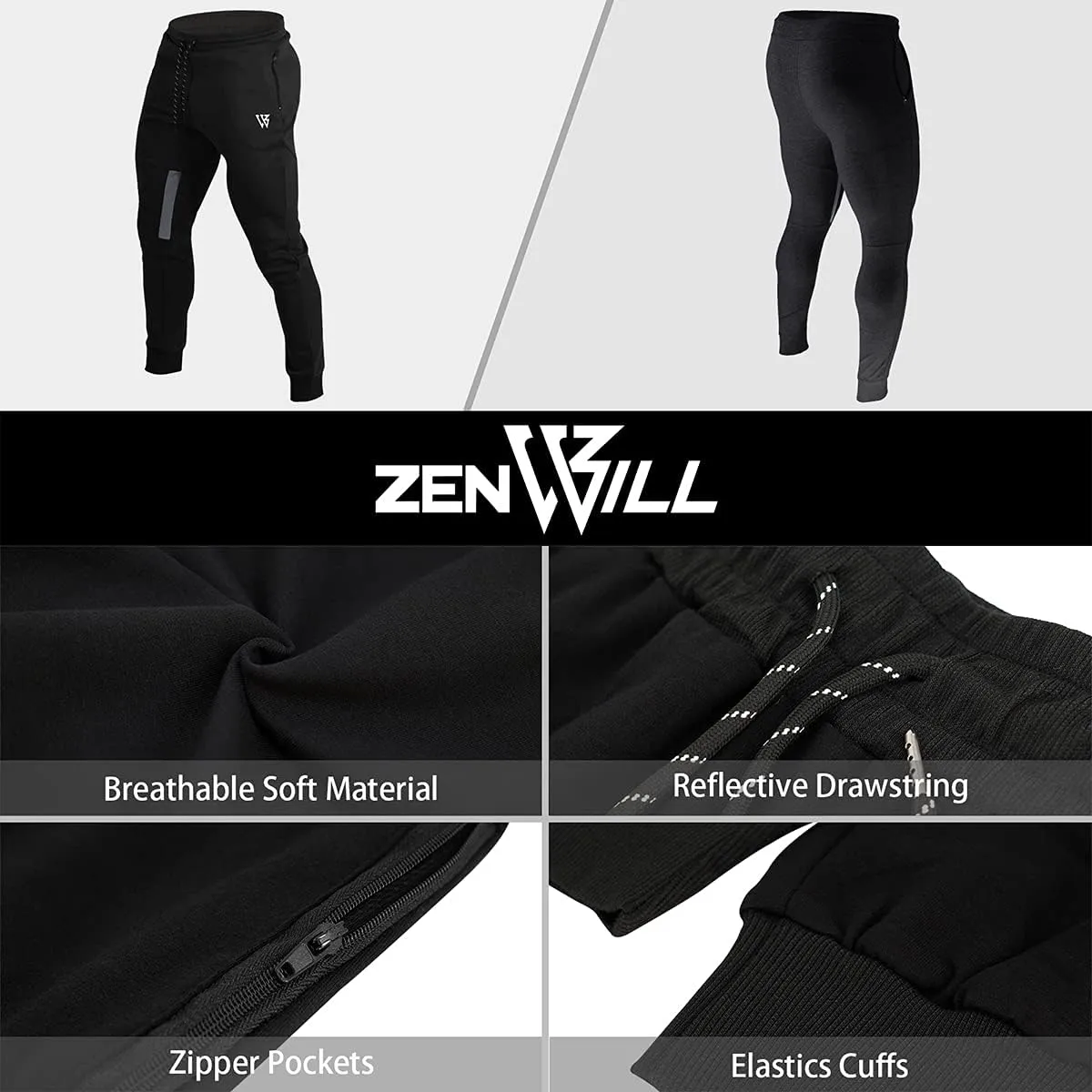 ZENWILL Mens Tapered Workout Running Pants,Gym Jogger Training Sweatpants Slim Fit with Zip Pockets