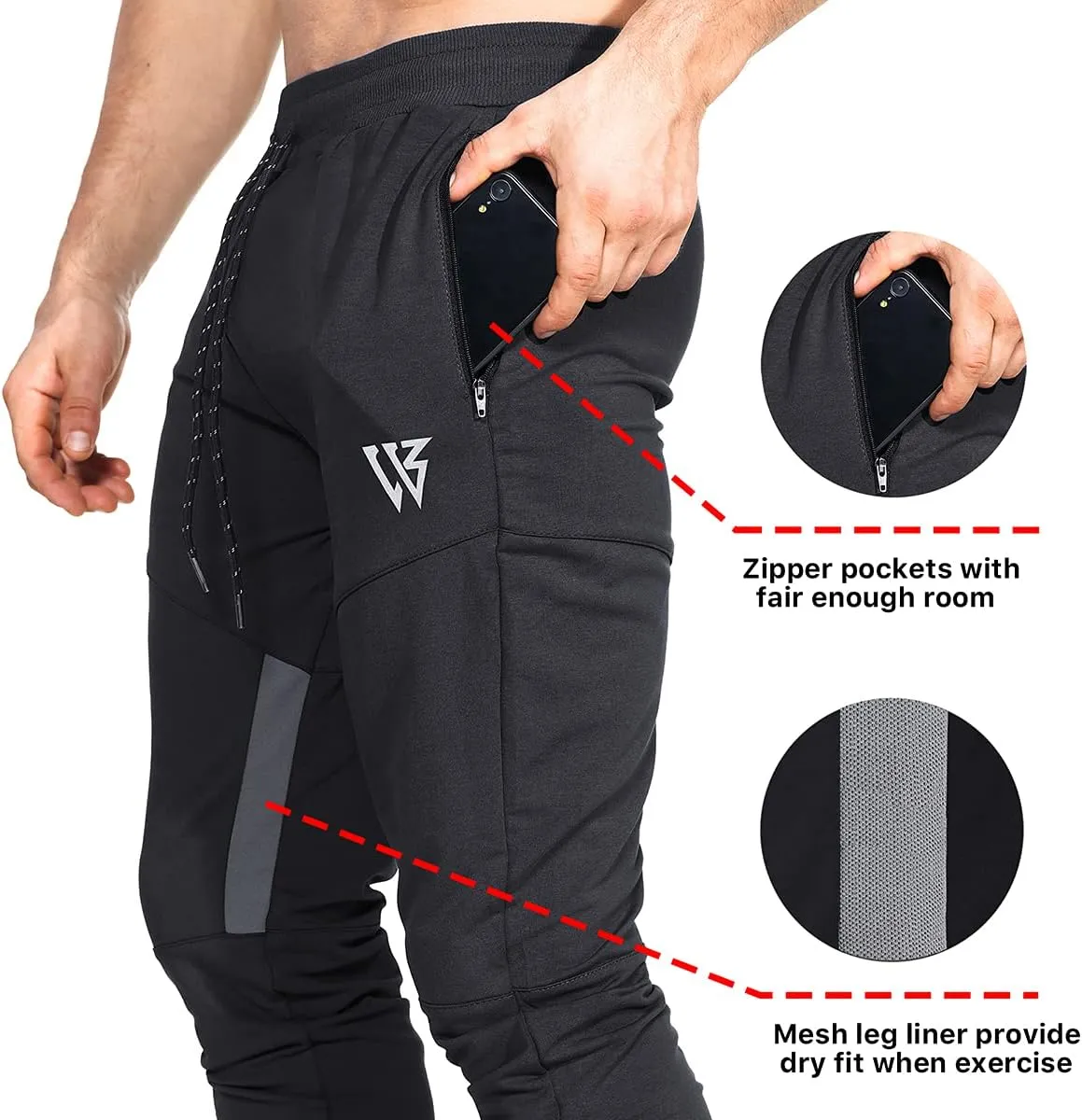 ZENWILL Mens Tapered Workout Running Pants,Gym Jogger Training Sweatpants Slim Fit with Zip Pockets