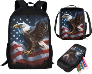 ZFRXIGN Bald Eagle School Backpack for Girls with Lunch Bags and Pencil Case American Flag School Backpack Set 3 in 1 School Bookbag Travel Daypack Patriotic