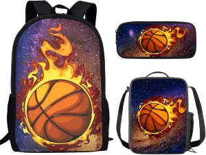 ZFRXIGN Basketball School Backpack for Girls Elementary Lunch Box Pencil Pouch Case for Kids Back to School Rucksack 3 Pieces Fire Soccer Galaxy Designs