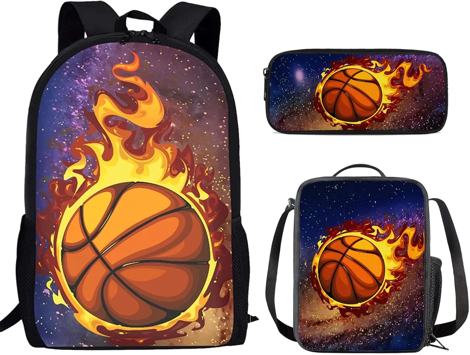 ZFRXIGN Basketball School Backpack for Girls Elementary Lunch Box Pencil Pouch Case for Kids Back to School Rucksack 3 Pieces Fire Soccer Galaxy Designs