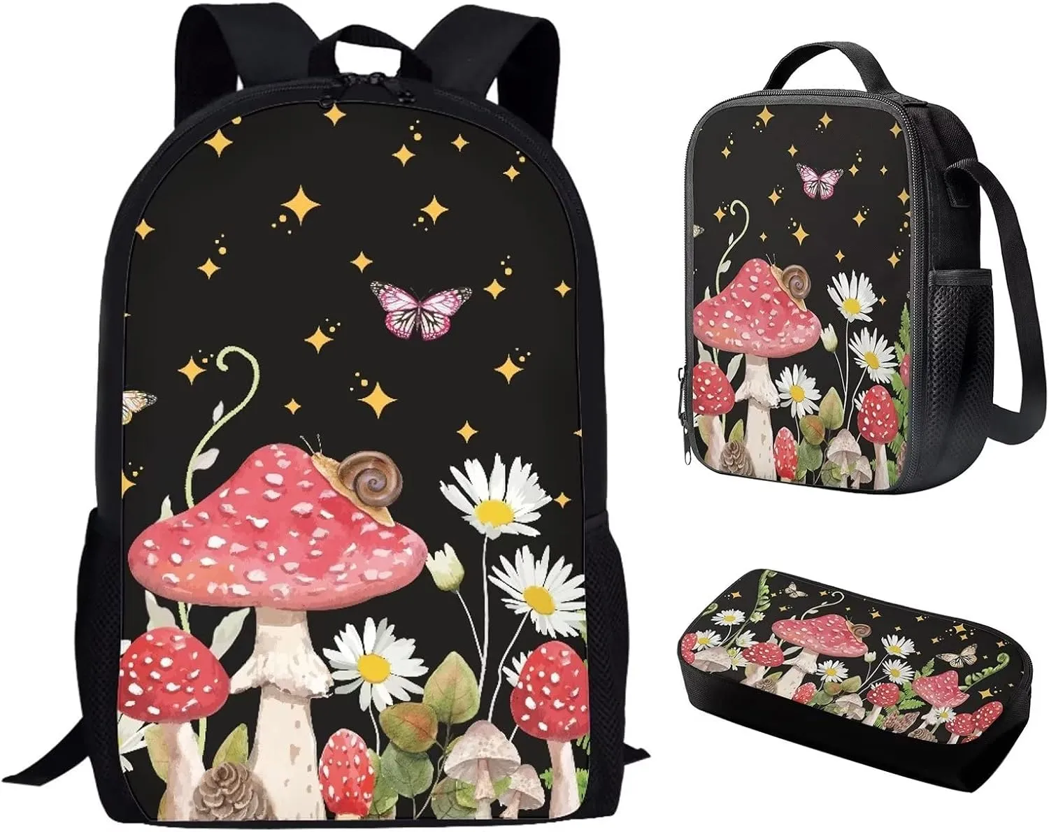 ZFRXIGN Butterfly Mushroom School Bags for Girls with Lunch Box Set, Kids Backpack Lunchbag Pencil Case Primary Elementary Kindergarten Book Bags with Water Bottle Holder