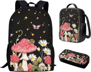 ZFRXIGN Butterfly Mushroom School Bags for Girls with Lunch Box Set, Kids Backpack Lunchbag Pencil Case Primary Elementary Kindergarten Book Bags with Water Bottle Holder